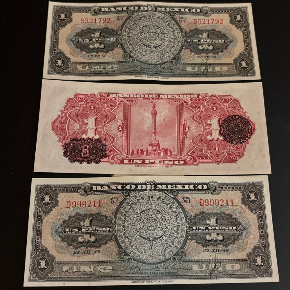 3 notes Mexico 1 Peso 1961 Aztec Sun Stone Banco de México World Banknotes